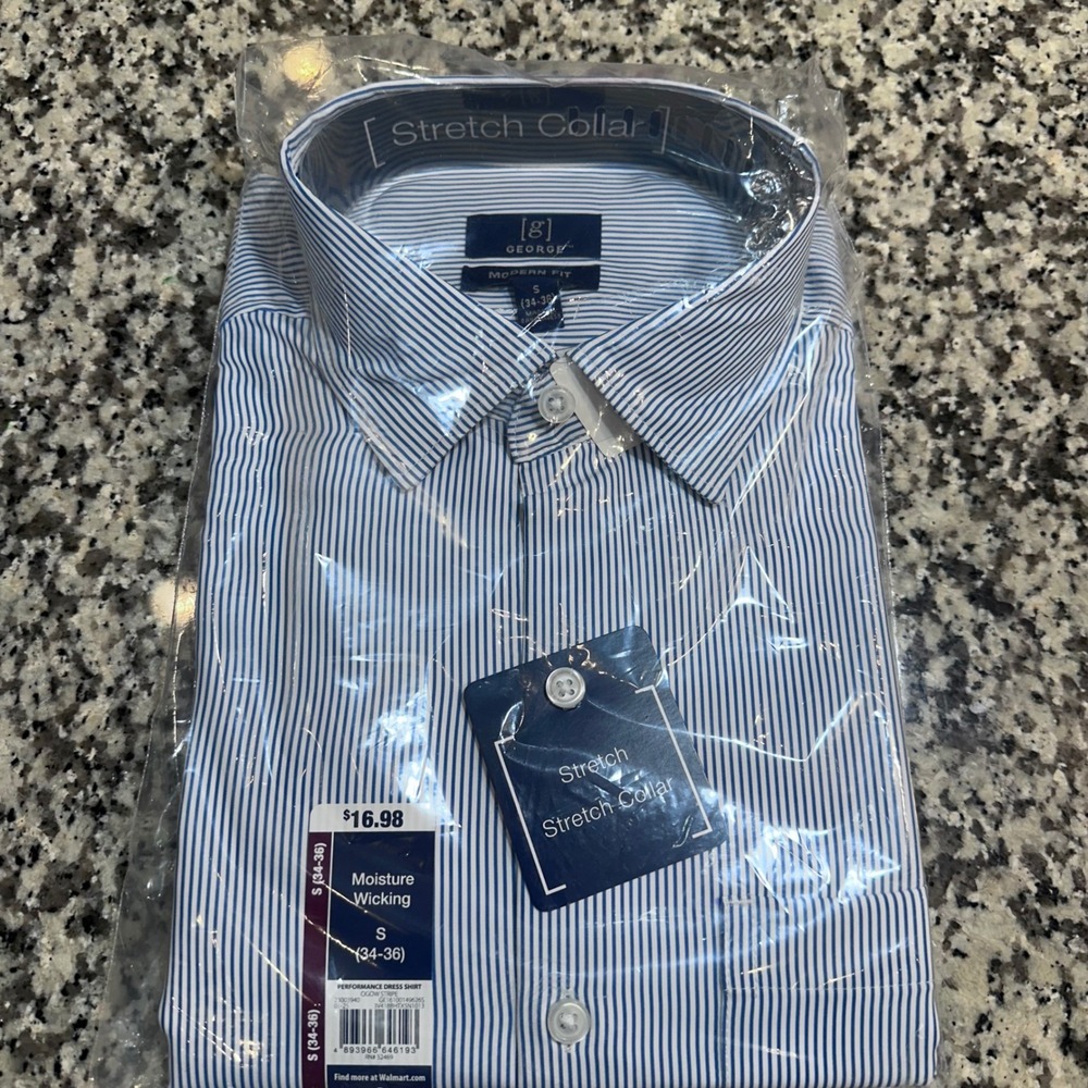 George Mens Performance Dress Shirt Long Sleeve Modern Fit Blue Stripe Size S - Picture 2 of 7
